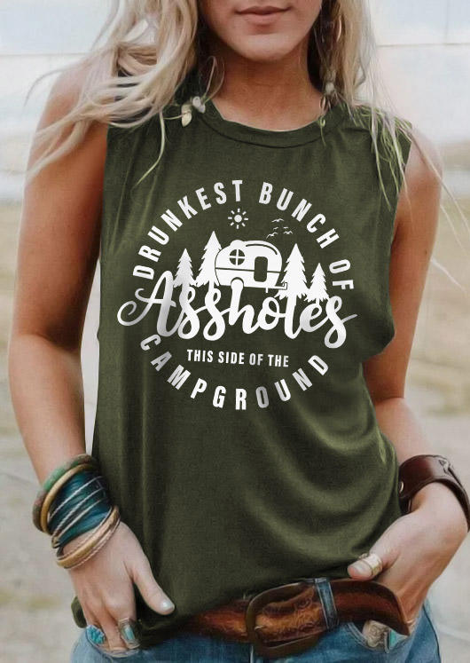 

Funny Camping Graphic O-Neck Tank - Army Green, SCM017028