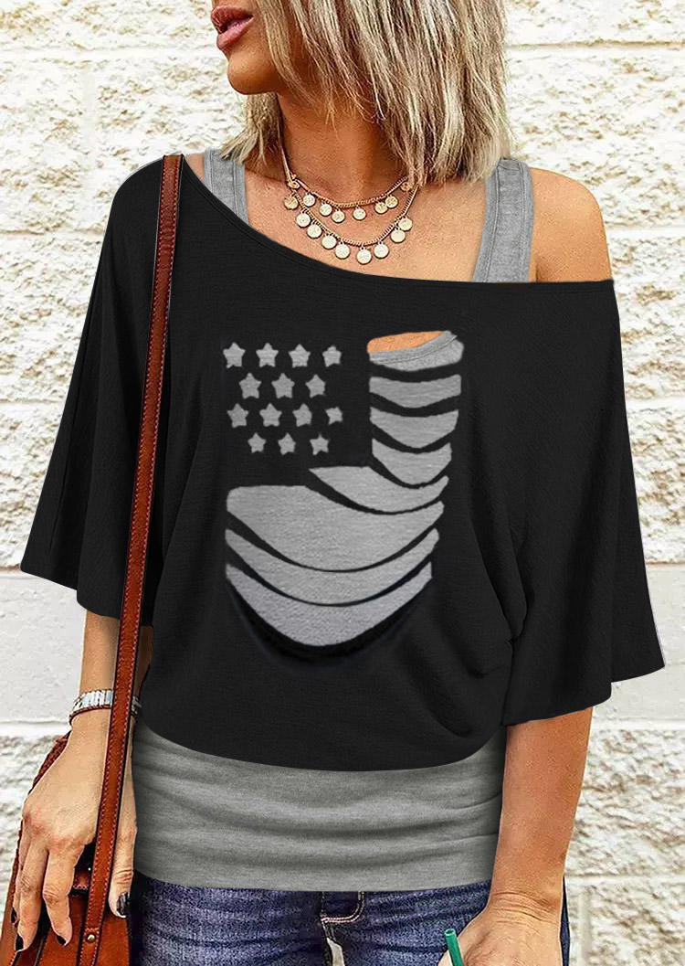 

American Flag Cut Out Hollow Out Cold Shoulder Fake Two-Piece Blouse - Black, SCM017042