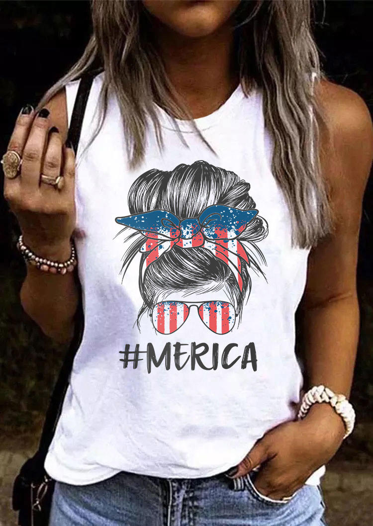 

American Flag Messy Bun Hair Sunglasses Tank - White, SCM017059