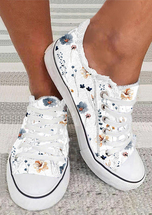 

Ditsy Floral Lace Up Flat Sneakers - White, SCM017075