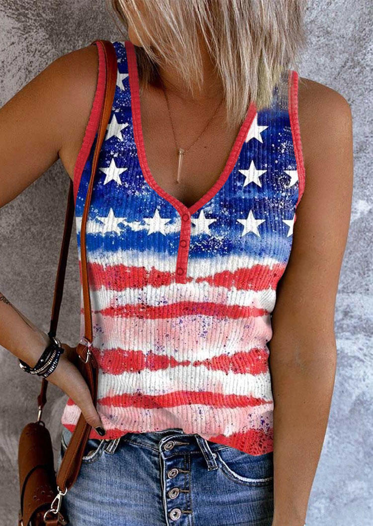 

American Flag Snap Button Ribbed Tank, Multicolor, SCM016780