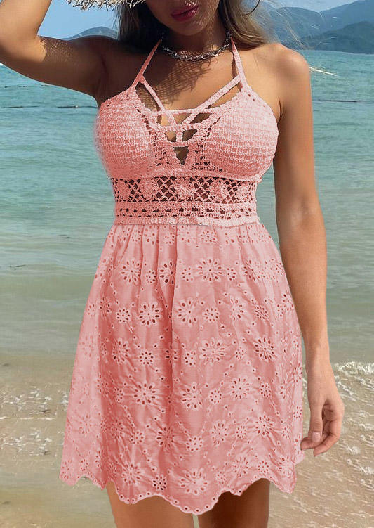 

Lace Splicing Hollow Out Open Back Mini Dress - Pink, SCM017077