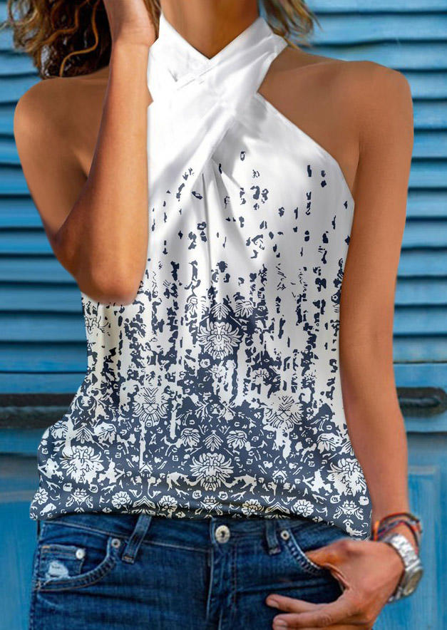 

Floral Criss-Cross Halter Ruffled Tank - White, SCM017129