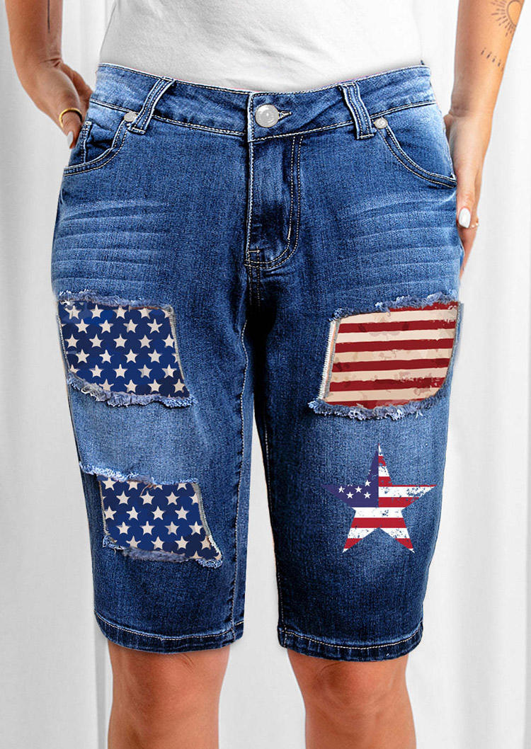 

American Flag Patch Pocket Button Denim Shorts - Blue, SCM016456