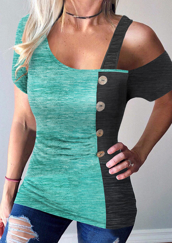 

Color Block Button Cold Shoulder Blouse - Lake Blue, SCM016784