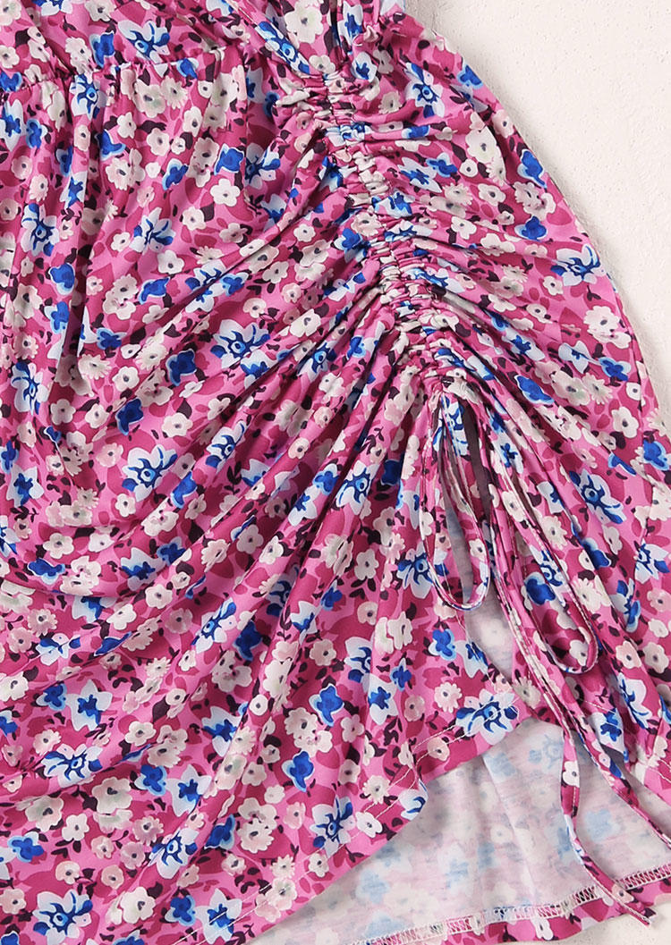 Ditsy Floral Ruffled Drawstring Slit Mini Dress
