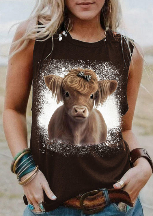 Highland Cattle Bleached O-Neck Tank - Brown