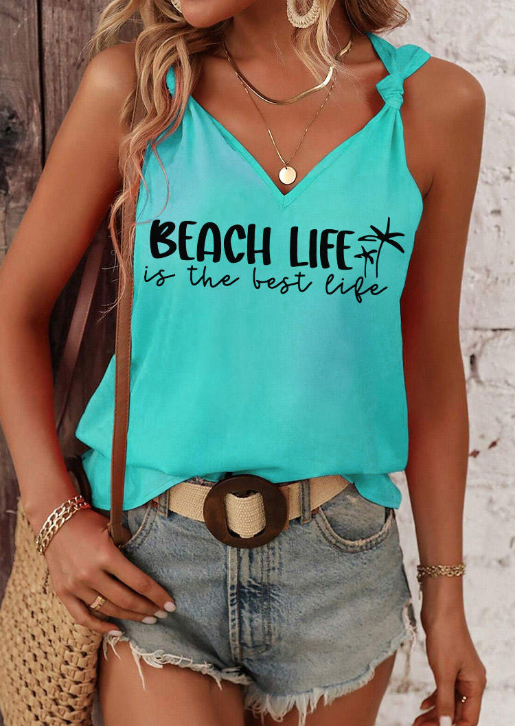 

Beach Life Is The Best Life Coconut Tree Twist Tank - Cyan, Blue, SCM016981