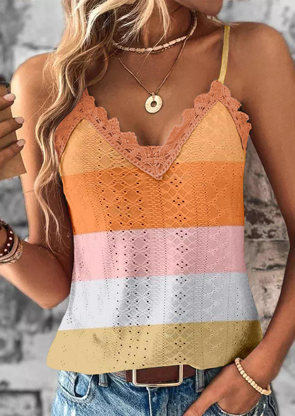 

Color Block Striped Lace Splicing Hollow Out Camisole, Multicolor, SCM017194