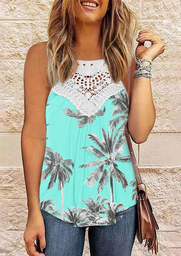 

Coconut Tree Lace Splicing Button Tank, Multicolor, SCM016207