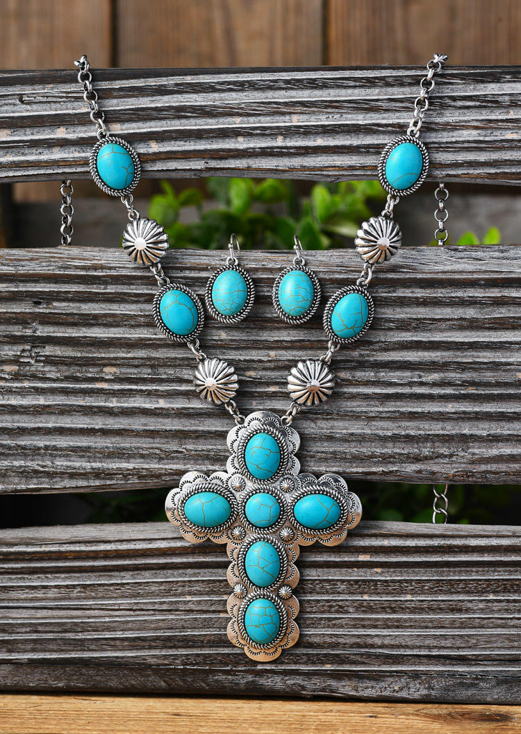 

3Pcs Turquoise Cross Necklace And Earrings Set, Silver, SCM016679