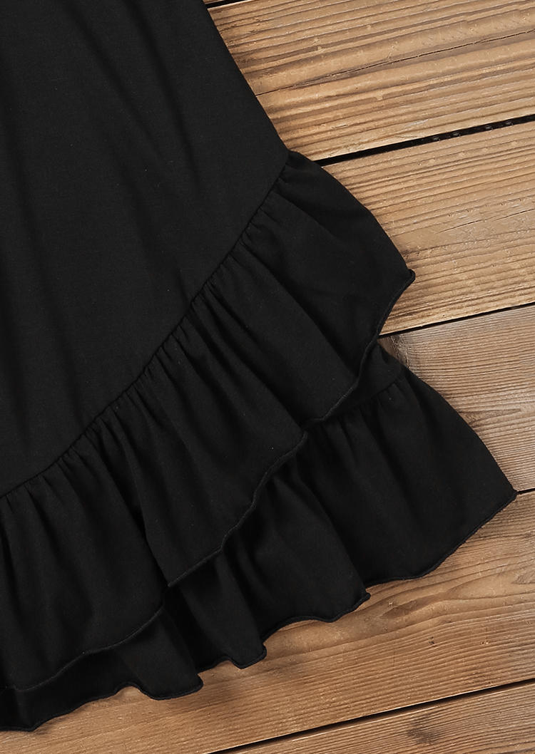 Lace Splicing Button Ruffled Mini Dress - Black