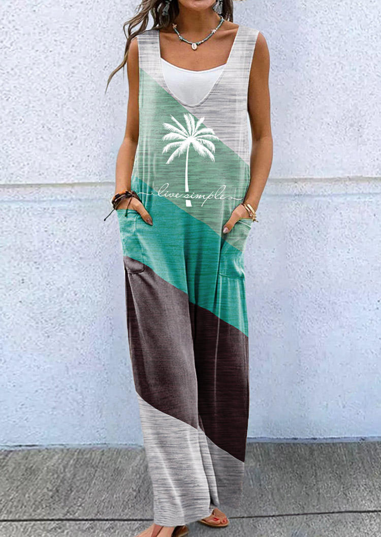 

Live Simple Color Block Coconut Tree Fake Two-Piece Jumpsuit, Multicolor, SCM016964
