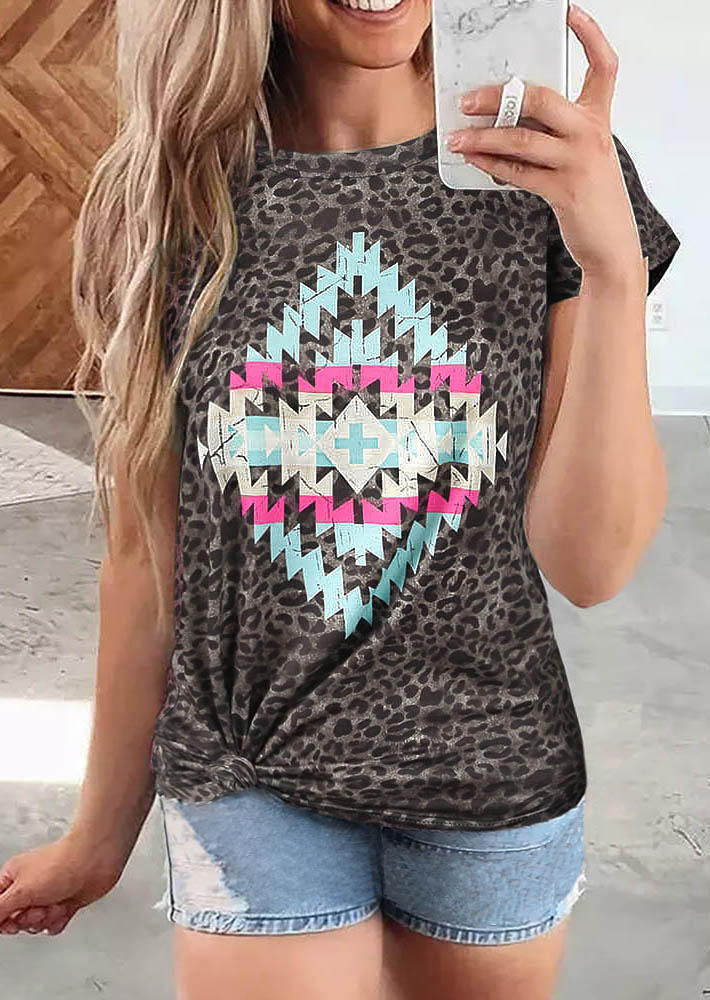 

Aztec Geometric Leopard Cross T-Shirt Tee, Multicolor, SCM016971