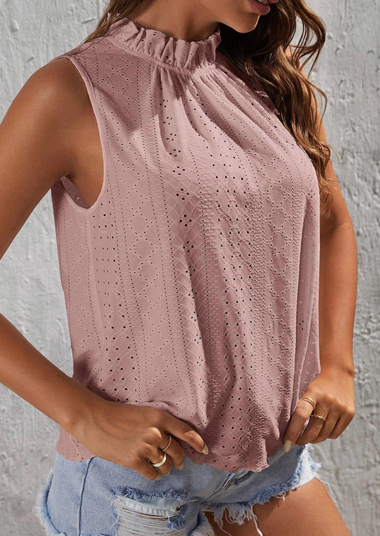 

Hollow Out Ruffled Elegant Tank - Pink, SCM017127