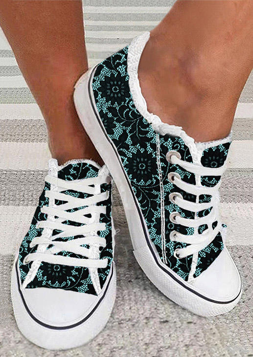 

Floral Lace Up Flat Sneakers, Multicolor, SCM017230