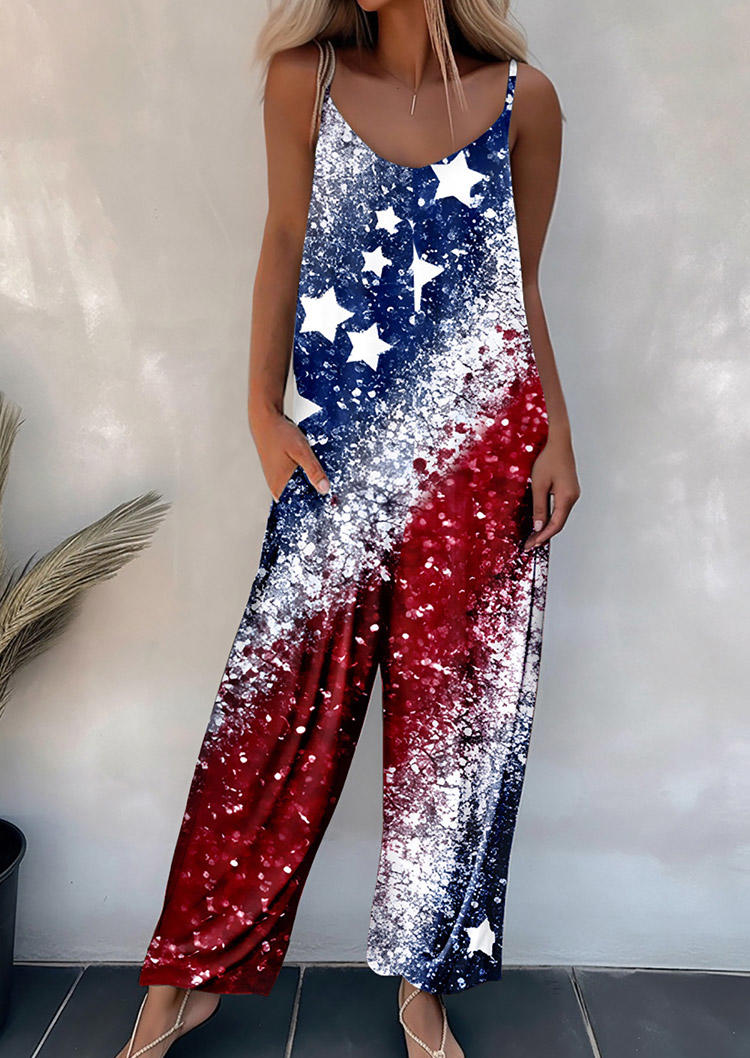 

American Flag Glitter Pocket Ruffled Jumpsuit, Multicolor, SCM017244