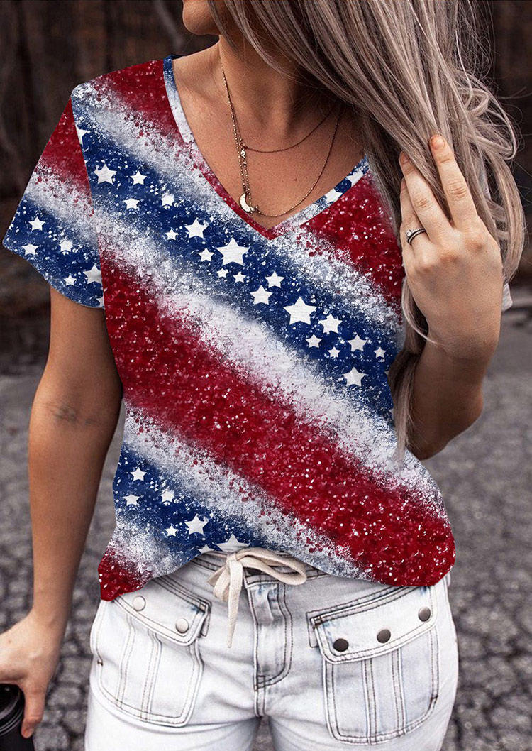 

American Flag Glitter V-Neck Blouse, Multicolor, SCM017245