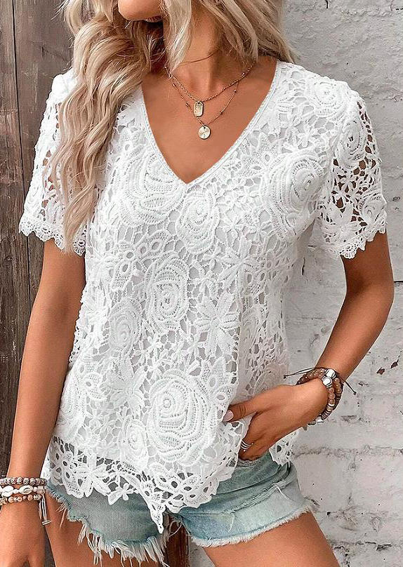 

Lace Splicing Short Sleeve V-Neck Blouse - White, SCM017138