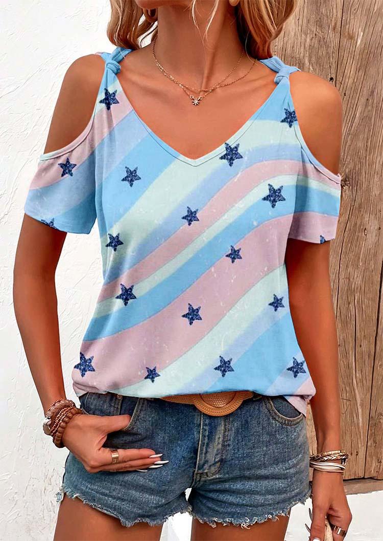 

Striped Star Cold Shoulder Blouse, Multicolor, SCM017305
