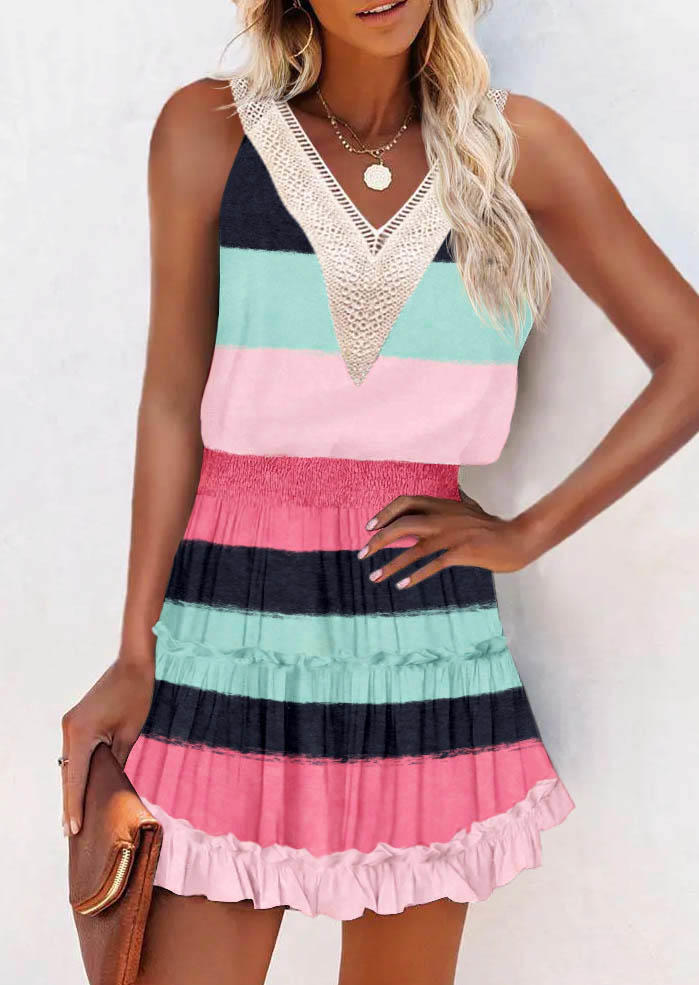 

Color Block Ruffled Smocked Lace Splicing Mini Dress, Multicolor, SCM016760