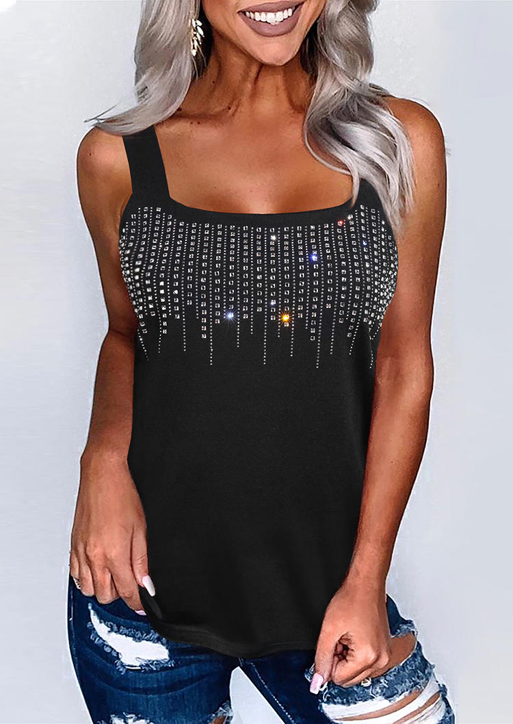 

Rhinestone Thick Strap Square Collar Tank - Black, SCM016774