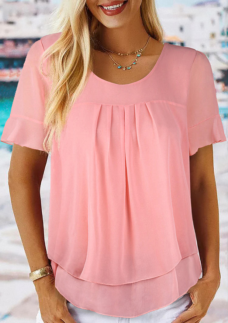 

Ruffled Short Sleeve O-Neck Blouse - Pink, SCM017010