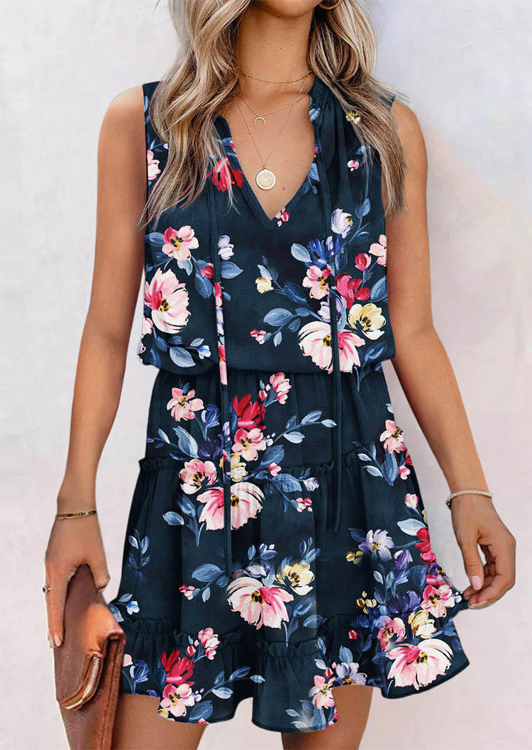 

Floral Ruffled Tie V-Neck Mini Dress, Multicolor, SCM017031