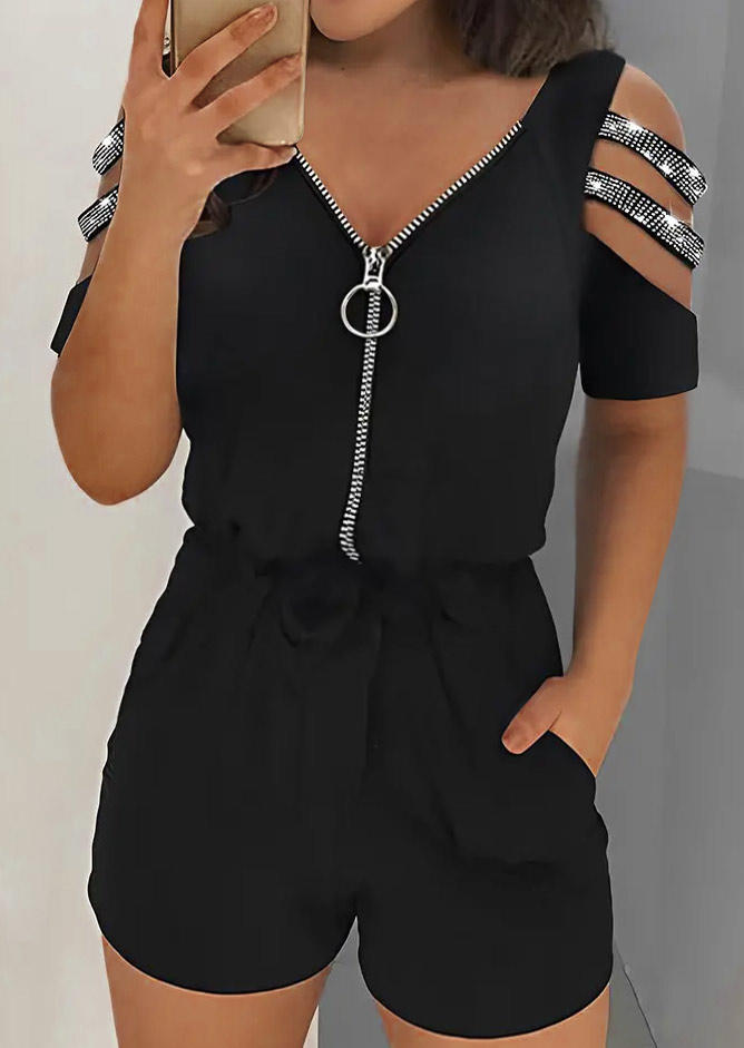 Glitter Zipper Pocket Cold Shoulder Romper - Black