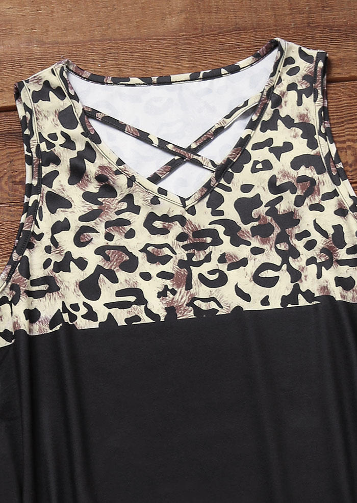 Leopard Criss-Cross Hollow Out Ruffled Mini Dress - Black