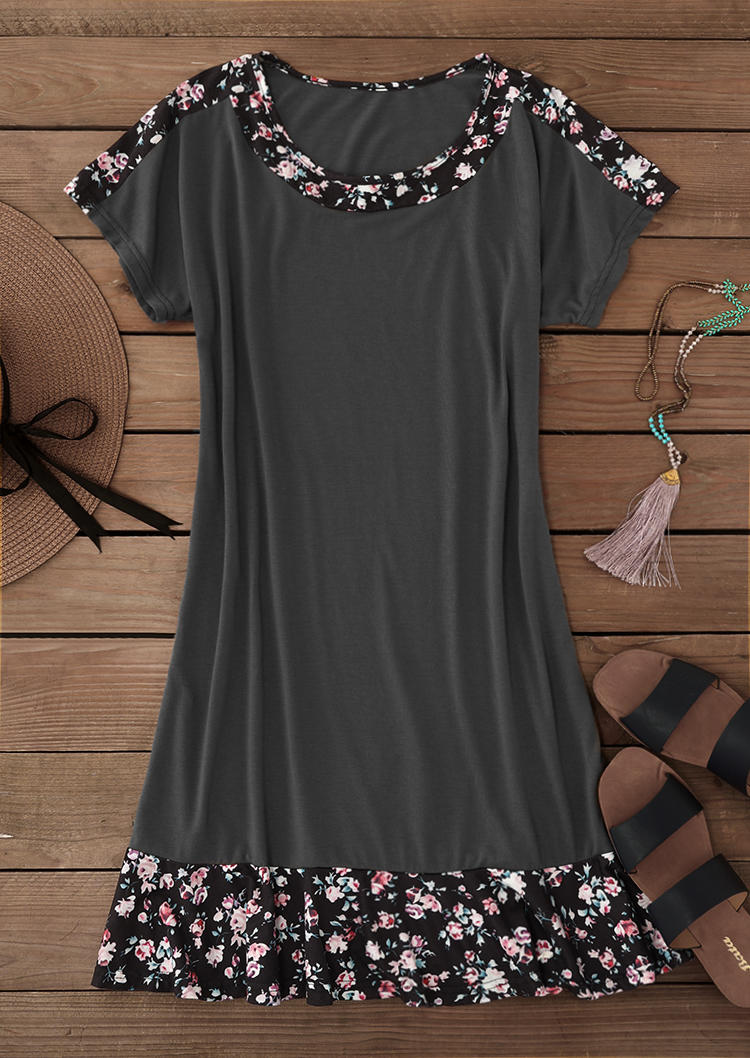 Floral Short Sleeve O-Neck Mini Dress