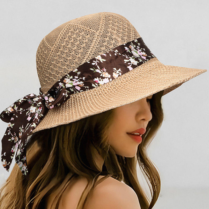 Ditsy Floral Bowknot Sun Visor Straw Hat
