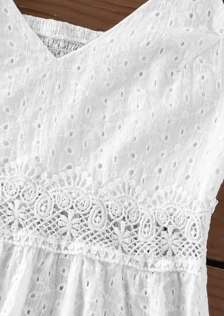 Lace Splicing Hollow Out Ruffled Smocked Camisole - White