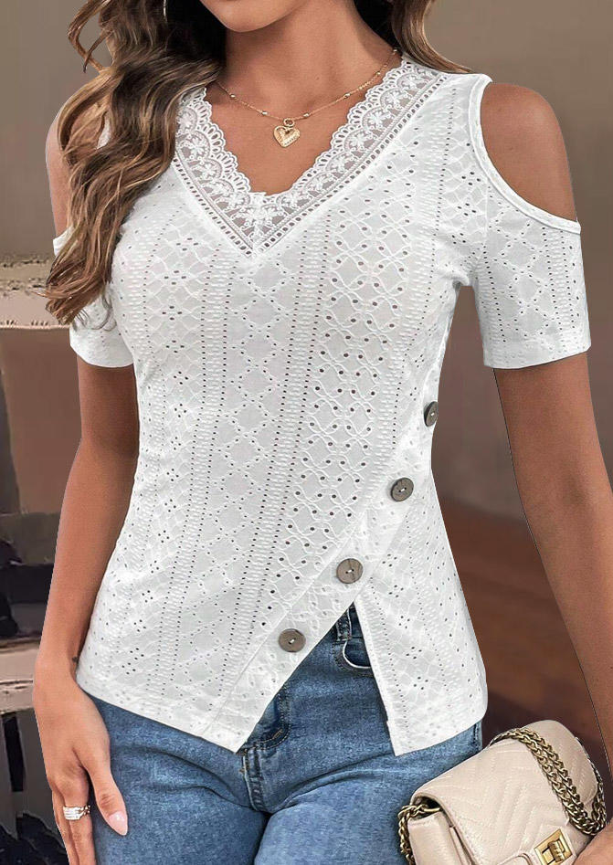 

Lace Splicing Button Hollow Out Cold Shoulder Blouse - White, SCM017192