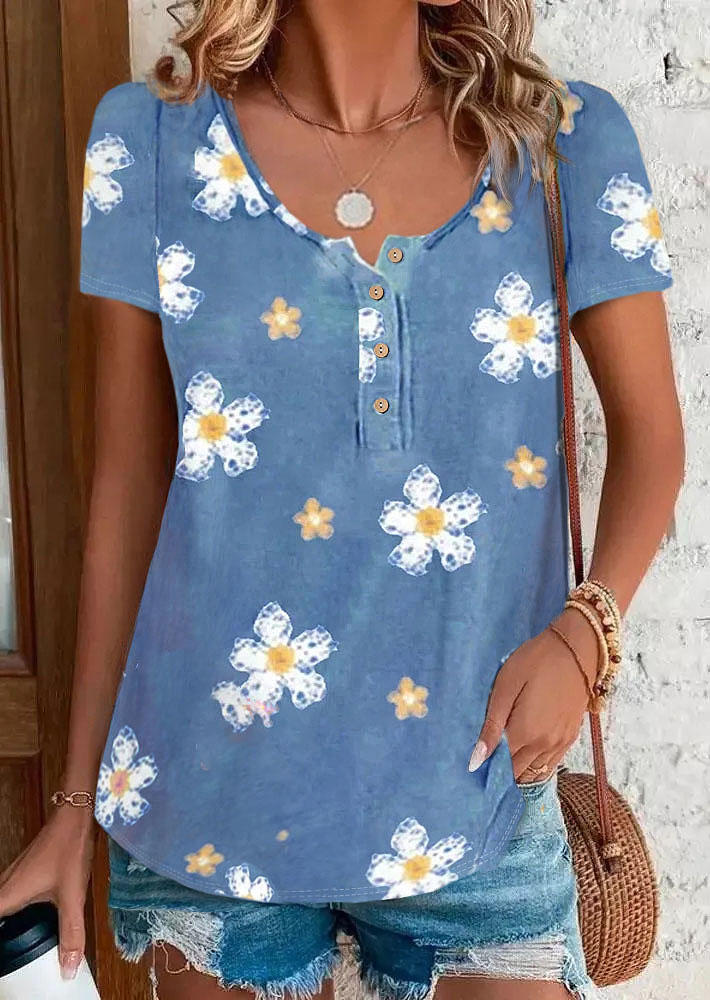 

Floral Button O-Neck Blouse - Blue, SCM016957