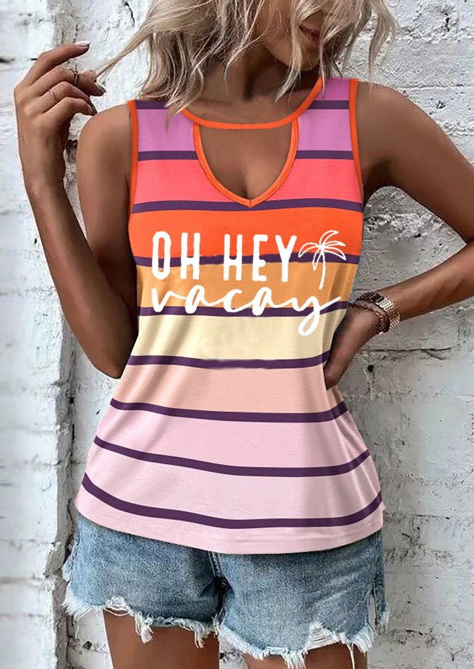 

Oh Hey Vacay Striped Coconut Tree Hollow Out Tank, Multicolor, SCM017202