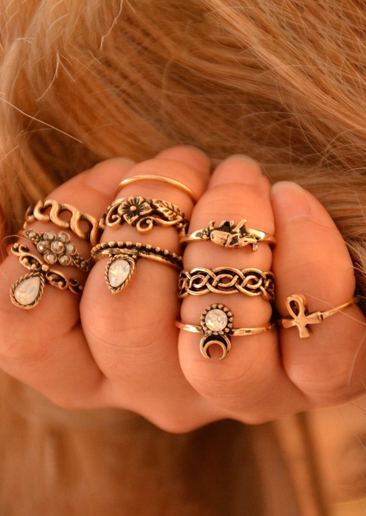

10Pcs Floral Hollow Out Ring Set, Gold, SCM017270
