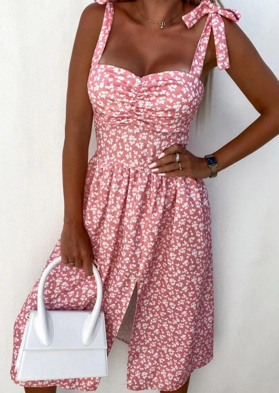 

Ditsy Floral Slit Open Back Mini Dress - Pink, SCM017291