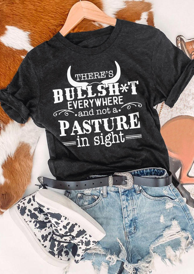 

Not A Pasture In Sight Steer Skull T-Shirt Tee - Dark Grey, Gray, SCM017341