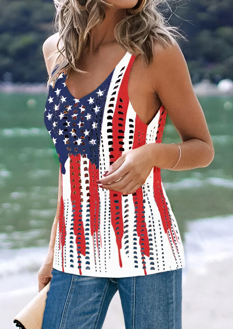 

American Flag Hollow Out Crochet Tank, Multicolor, SCM017449