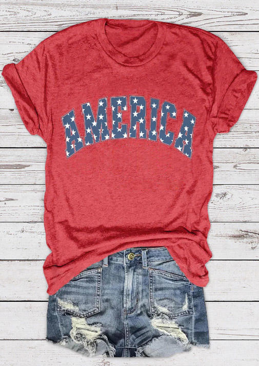 

America Star O-Neck T-Shirt Tee - Red, SCM017470
