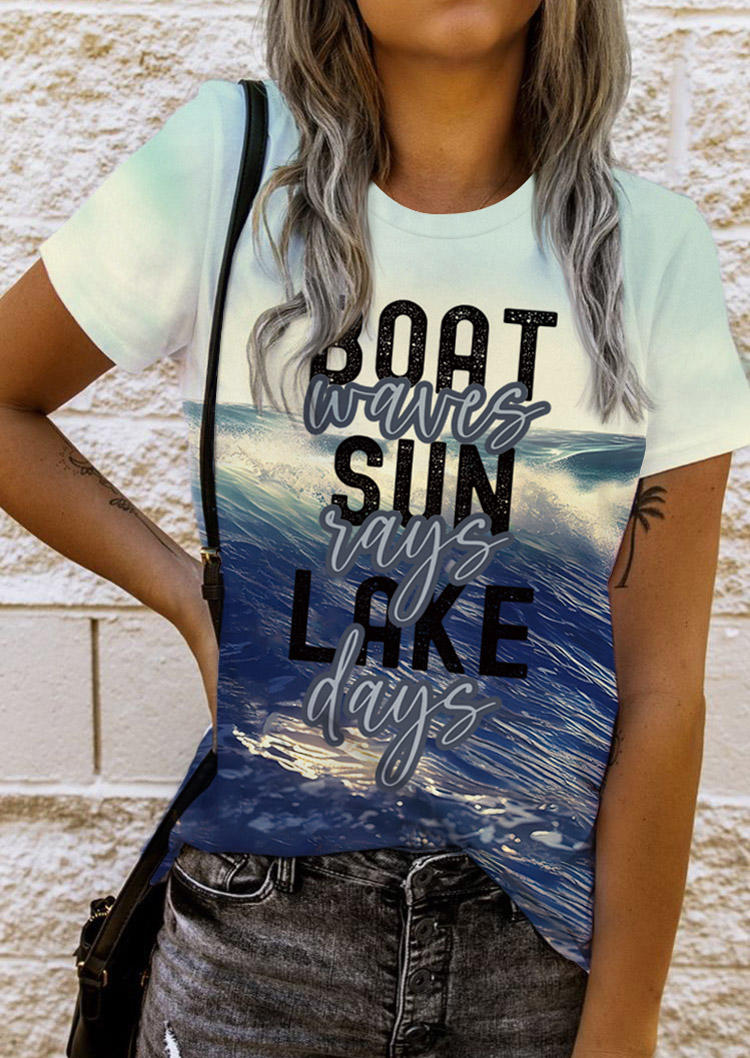 

Boat Waves Sun Rays Lake Days T-Shirt Tee, Multicolor, SCM016034