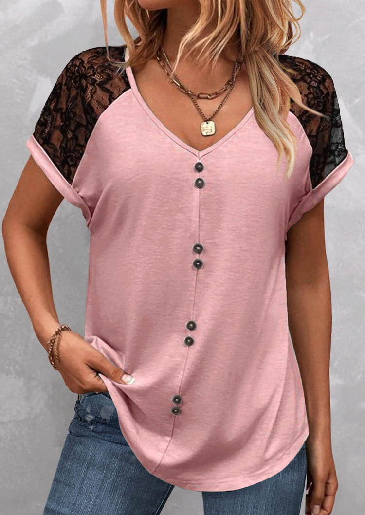 

Lace Splicing Button Loose Blouse - Pink, SCM017164