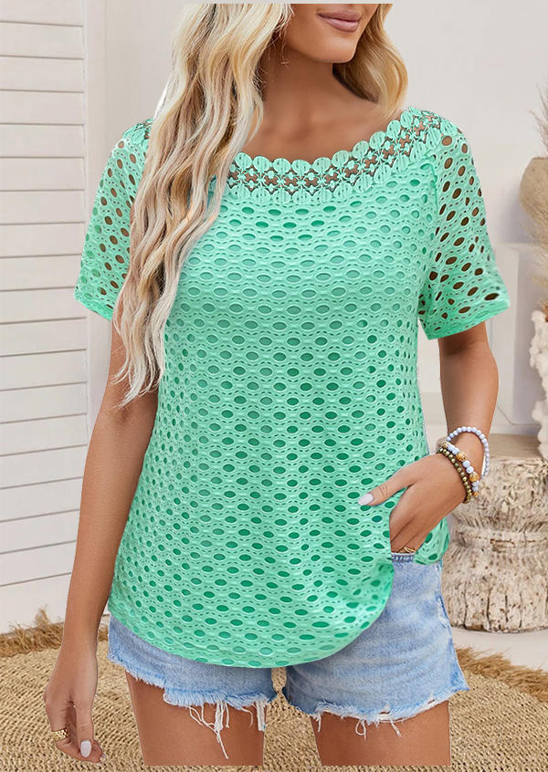 

Hollow Out Short Sleeve Blouse - Green, SCM017247