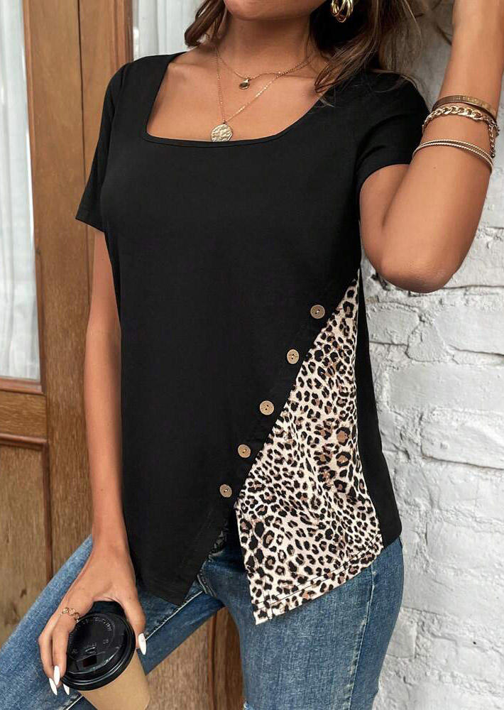 Leopard Button Square Collar Blouse - Black