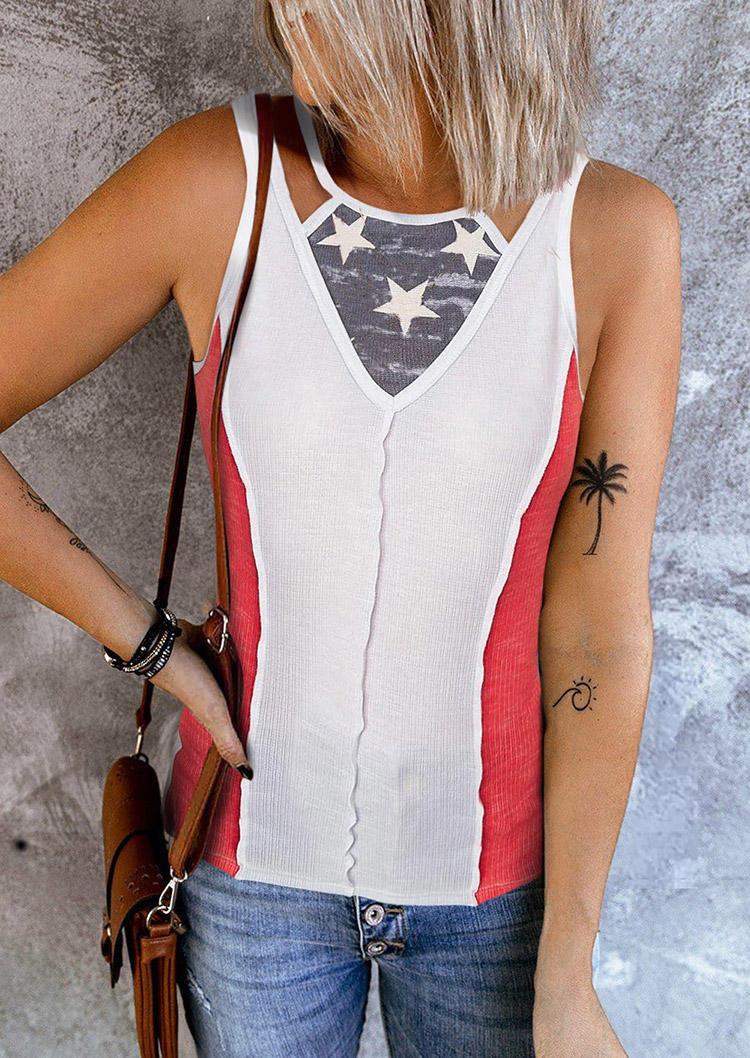 

Patriotic Star Color Block Fake Two-Piece Tank, Multicolor, SCM017337