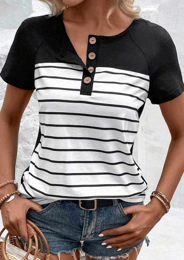 

Striped Button O-Neck Blouse, Multicolor, SCM017372