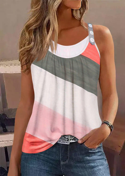 

Color Block Button Ruffled Fake Two-Piece Tank, Multicolor, SCM017044