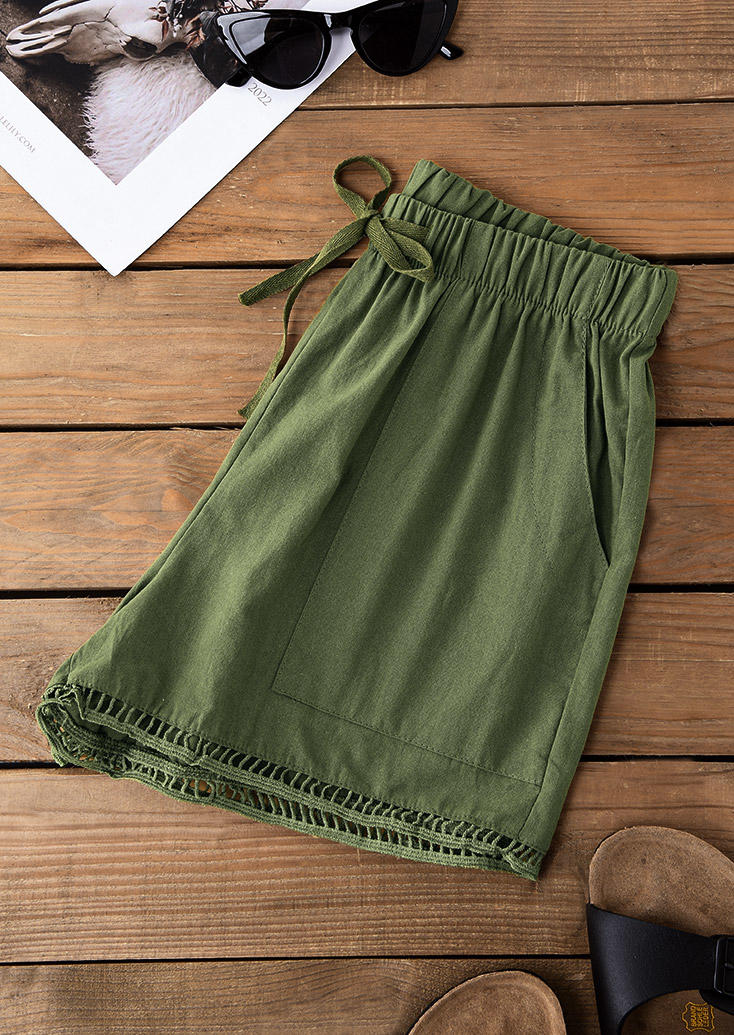 Hollow Out Pocket Drawstring Shorts - Green