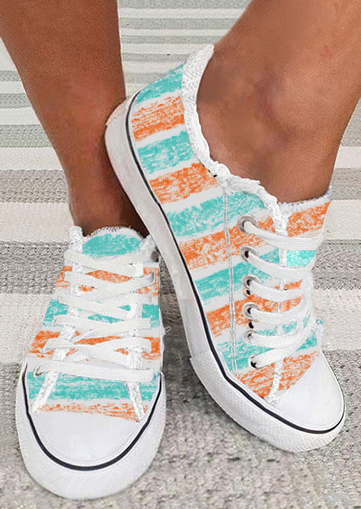 

Color Block Striped Lace Up Round Toe Flat Sneakers, Multicolor, SCM017485